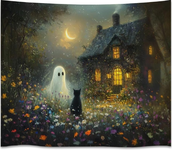 Halloween Black Cat and Ghost Tapestry – Spooky Cute Wall Hanging for Dark Academia and Cottagecore Bedroom Decor (40x60 inch)