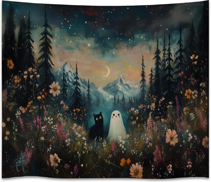 Whimsical Halloween Tapestry Wall Hanging – Ghost and Black Cat Magical Forest Art Print for Spooky Fall Home Décor (50 x 60 Inch)
