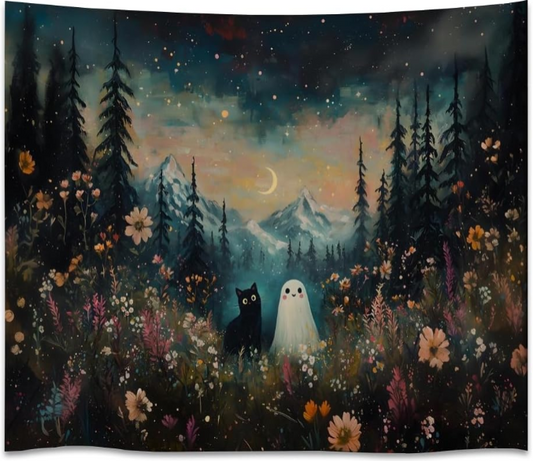 Whimsical Halloween Tapestry Wall Hanging – Ghost and Black Cat Magical Forest Art Print for Spooky Fall Home Décor (50 x 60 Inch)