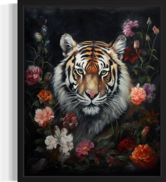 Tiger and Flower Art Print – Vintage Gothic Wall Poster for Halloween and Bedroom Decor