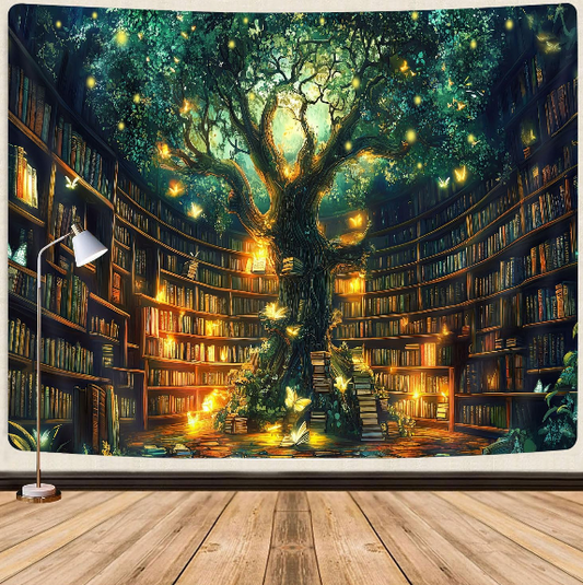 Fantasy Library Tapestry – Fairytale Tree Magic Bookshelf Wall Hanging for Classroom, College Room, or Bedroom, 40"x30"