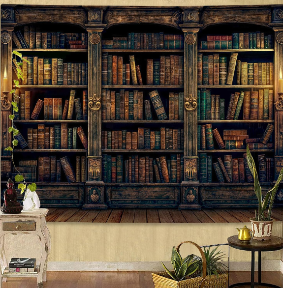 YEXIT Retro Bookshelf Wall Tapestry – Vintage Study Library Decor, 60×80 Inch