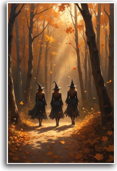 JFHCQJPK Three Witches Walking in the Forest Autumn Canvas Painting – Gothic Halloween Wall Art, 12x16in Frameless