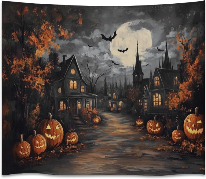 Spooky Halloween Tapestry Review – Haunted House, Bats, Pumpkins, and Full Moon Wall Hanging for Dark Academia & Fall Décor