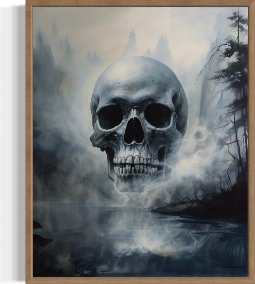 Foggy Skull Poster Art Print – Vintage Halloween Gothic Wall Decor with Wood Frame (8×10 Inches)