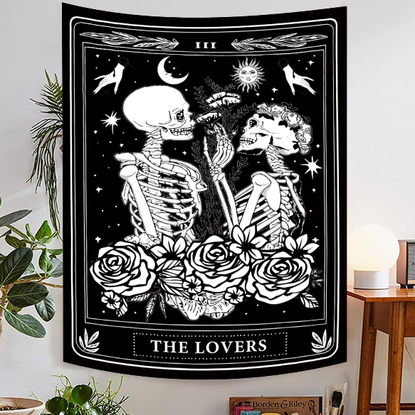 Onivein Lovers Skull Gothic Tapestry – Black and White Skeleton Wall Hanging 30 x 40 Inches