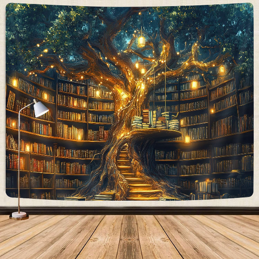 GOAOK Fantasy Library Tapestry – Witchy Fairytale Tree Bookshelf Wall Hanging for Classroom, Dorm, and Bedroom (80" x 60")