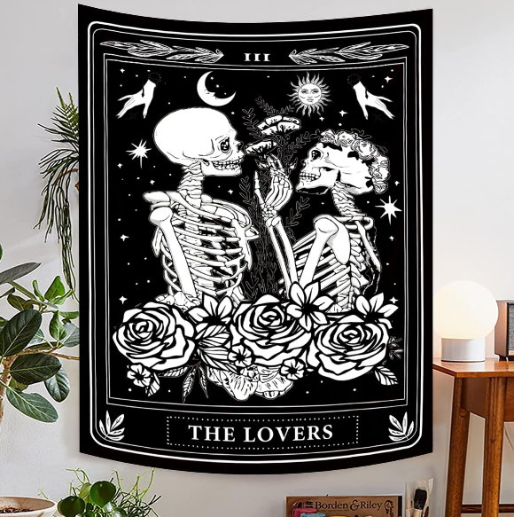Onivein Lovers Skull Gothic Tapestry: Black and White Skeleton Wall Hanging for Bedroom and Dorm Decor