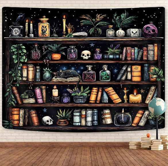 Bookshelf Tapestry – Magical Witchy Library Wall Hanging for Study, Classroom, Dorm, and Home Decor (80x60 Inches)