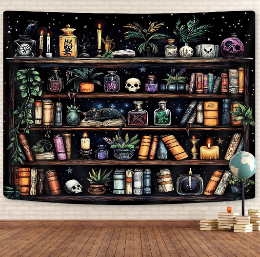 Bookshelf Tapestry – Magical Witchy Library Wall Hanging for Study, Classroom, Dorm, and Home Decor (80x60 Inches)