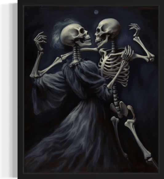Dancing Skeleton Poster Art Print: Vintage Gothic Halloween Wall Art in Black Frame