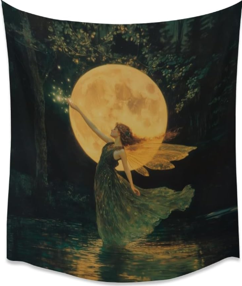 Whimsical Fairy Tapestry – Moonlight Fae Goddess Gothic Wall Hanging for Bedroom, Girls Room, and Magical Cottage Decor (30x40 Inch)