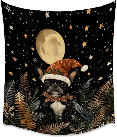 French Bulldog Christmas Tapestry Wall Hanging – Cute Santa Hat Dog Decor for Winter Home
