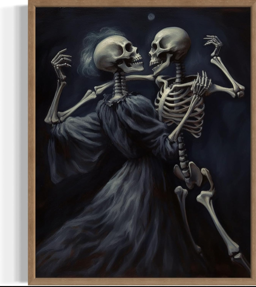 Dancing Skeleton Poster Art Print – Halloween Vintage Wall Art, Gothic Bedroom Decor, 8x10 Inches with Wood Frame