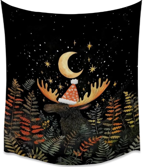 Cute Moose Tapestry Winter Christmas Wall Hanging for Kids Bedroom and Home Decor