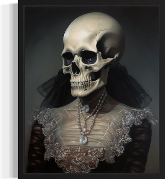 Female Skull Poster Art Print – Gothic Vintage Halloween Wall Decor for Spooky Academia and Horror Aesthetic (16 x 20, Black Frame)