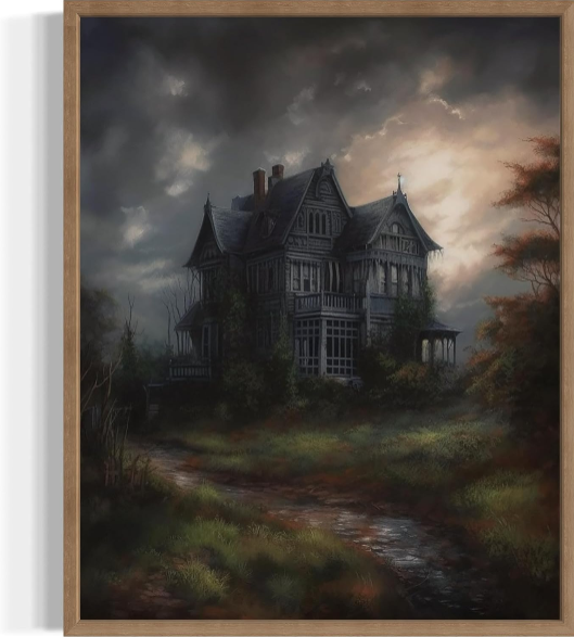 Haunted House Poster Art Print – Gothic Halloween Wall Decor with Vintage Academia Aesthetic (16×20, Wood Frame)