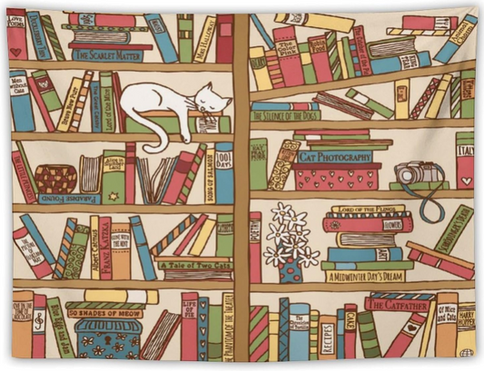 Kurtect Bookshelf Tapestry – Cute Cartoon Cat Sleeping Library Print for Wall Decor, Parties, Beach, and Home Use (30×40 in)