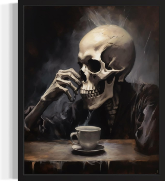 Skull Drinking Coffee Poster Art Print – Gothic Vintage Wall Decor for Horror, Academia, and Spooky Aesthetic Rooms (16x20, Black Frame)