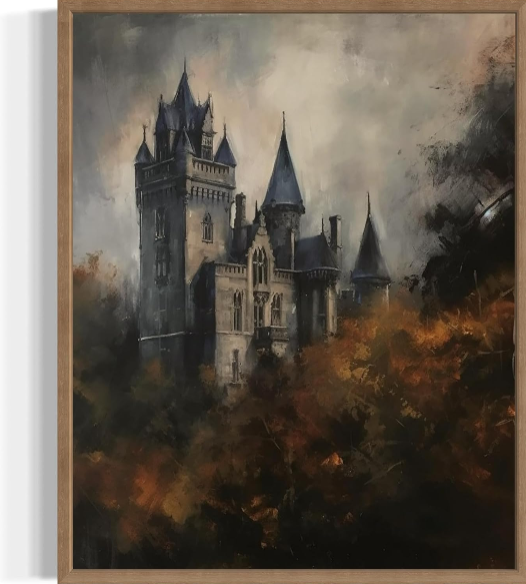 Old Castle Poster Art Print – Vintage Halloween Gothic Wall Art for Spooky Academia Decor (16 x 20 Inches, Wood Frame)