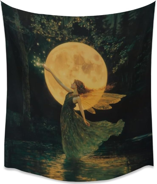 Whimsical Fairy Tapestry – Fantasy Moonlight Fae Goddess Wall Hanging for Moody Gothic and Dark Cottage Aesthetic Bedrooms (30x40 Inch)