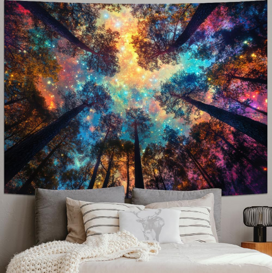 Amhokhui Colorful Forest Tapestry – Psychedelic Starry Night Wall Hanging for Nature-Inspired Home Decor