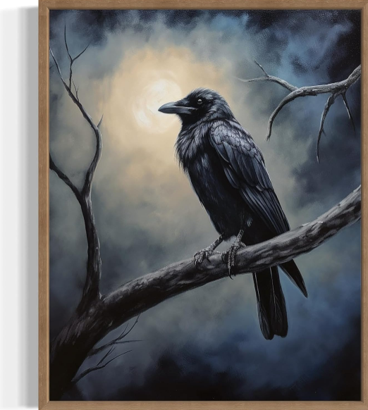 Crow Under the Moonlight Poster Art Print: Gothic Halloween Wall Décor with Vintage Spooky Aesthetic (11 x 14 Inches, Wood Frame)