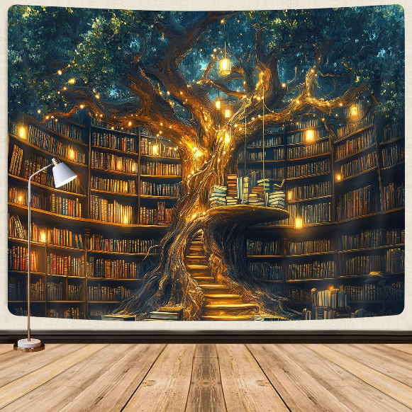 GOAOK Fantasy Library Tapestry – Witchy Fairytale Tree Bookshelf Wall Hanging for Classrooms, Dorm Rooms, and Bedrooms (60" x 40")