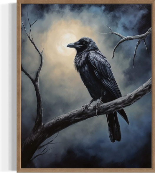 Crow Under the Moonlight Poster Art Print – Gothic Halloween Vintage Wall Decor with Wood Frame (11 x 14 Inches)