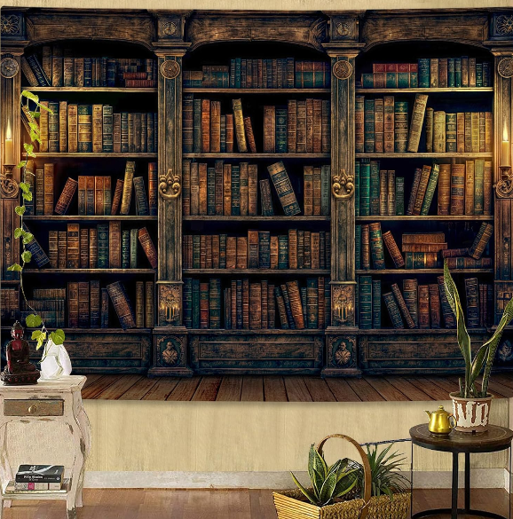 YEXIT Retro Bookshelf Wall Tapestry – Vintage Library Design for Dorm, Bedroom & Study Room