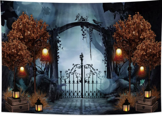 Durable Fabric Halloween Backdrop 10x8ft: Horror Cemetery Iron Gate Photo Background for Parties and Photography