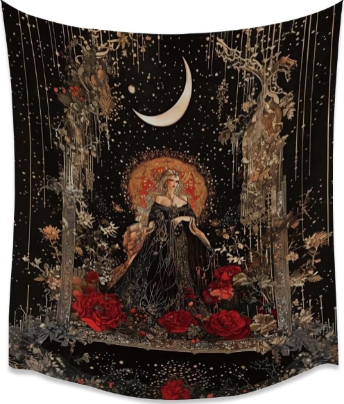 Dark Academia Moon Goddess Tapestry Gothic Fantasy Rose Wall Art for Bedroom Decor 70x90 Inch