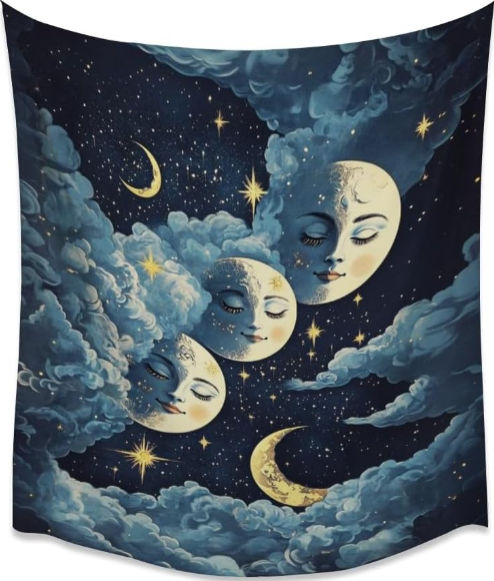 Blue Moon Faces Tapestry 70x90 Inch – Celestial Wall Art for Dark Academia and Gothic Home Decor