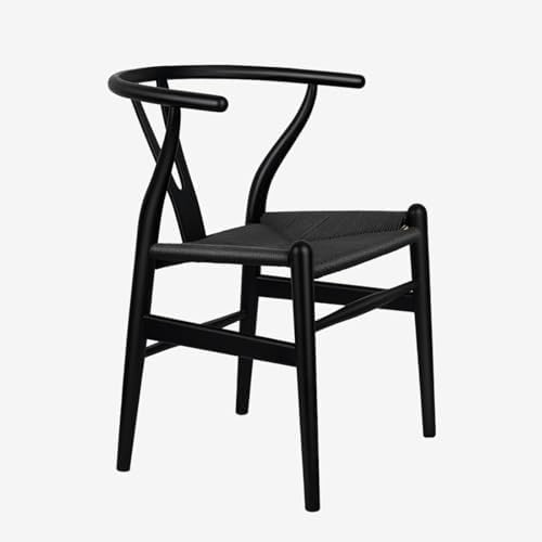 Wishbone Chair, Solid Wood Armrest Woven Seat Chair, Kitchen & Dining Chair, Wishbone Y Black Chairs - Set of 1 (Ash Wood - Black)