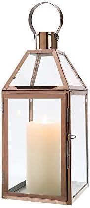 JHY Design Rose Gold Decorative Lanterns 16 inch High Stainless Steel Candle Lanterns with Tempered Glass for Indoor Outdoor Events Parities and Weddings