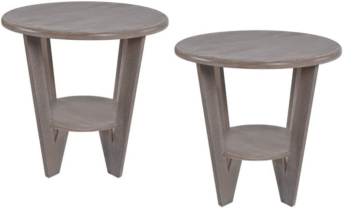 Rustic Farmhouse End Table with Storage Shelf, French Country Accent Side for Family, Dinning or Living Room, Small Spaces, Modern, Round, Vintage Blue Finish, Curved Leg