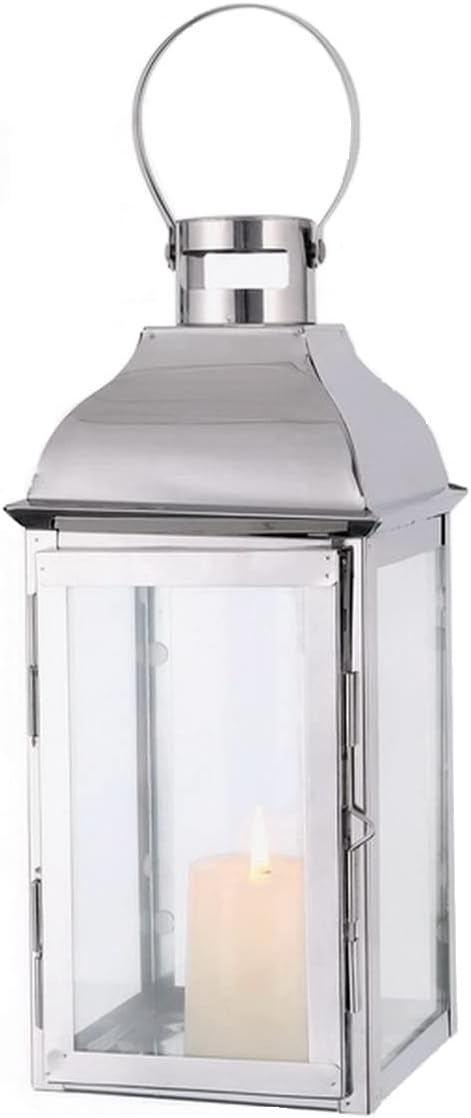 JHY DESIGN Silver Decorative Lanterns 12.5''High Stainless Steel Candle Lanterns with Tempered Glass for Indoor Outdoor Events Parities and Weddings Vintage Style Hanging Lamps