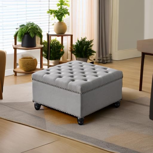 Ottoman with Storage, Large Storage Ottoman, 30 in Square Ottoman Coffee Table,Tufted Upholstered Coffee Tables for Living Room, Grey