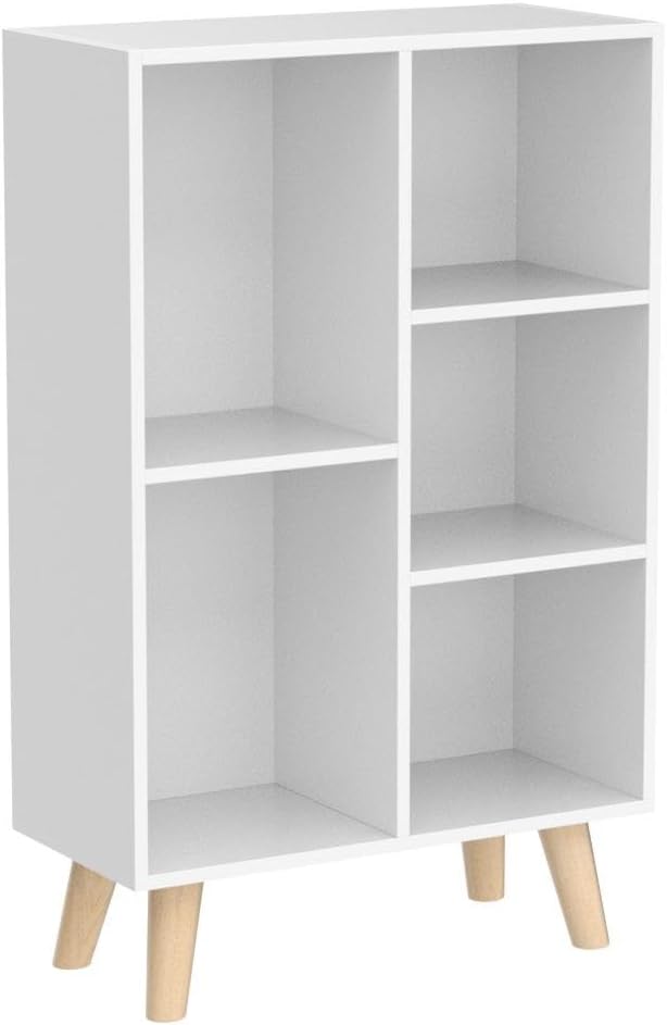 IOTXY Wooden Open Shelf Bookcase - 3-Tier Floor Standing Display Cabinet Rack with Legs, 5 Cubes Bookshelf, Warm White
