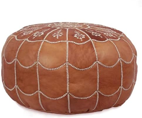 Stuffed Arch Design Moroccan Leather Pouf Ottoman, Handmade, Pre-Filled, 100% Genuine Leather, 14” Height x 22” Diameter – Boho Chic Footstool & Living Room Décor (Dark Tan)
