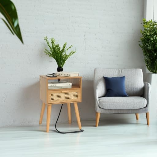 MaxSmeo Mid Century Modern Nightstand with Charging Station, Bedside Tables with Rattan Drawer, Small Wood Nightstand Side Table for Living Room,Bedroom (Brown)