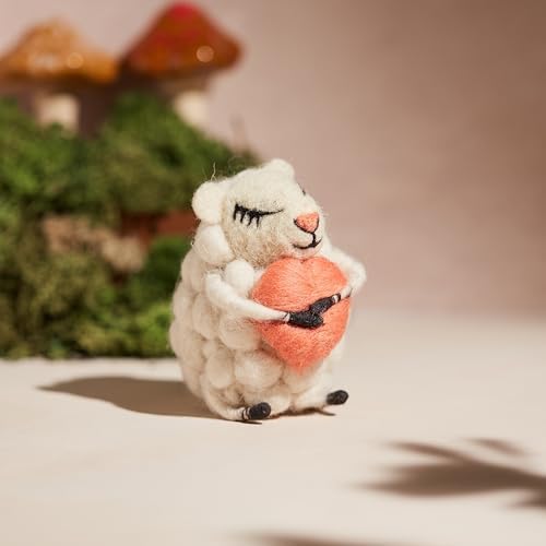 | Hand-Felted Loving Lottie Sheep Hugging Heart | Organic Wool Home Decor | Fair Trade Plush Animal Ornament | Gift for Any Occasion | Perfect for New Spaces & Home Accessories