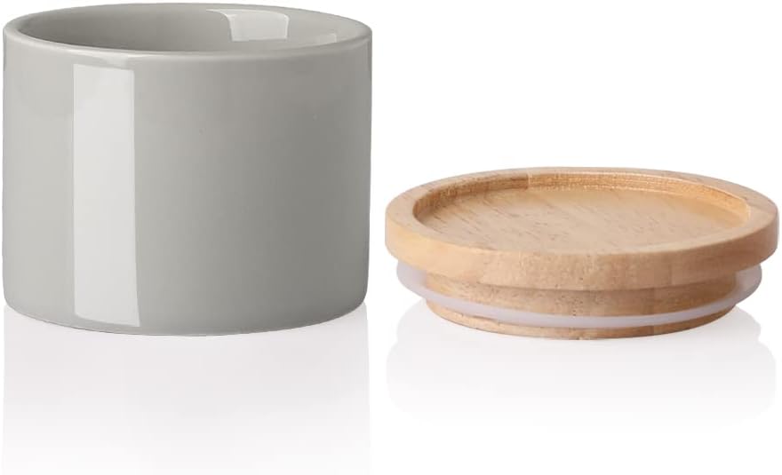 Sweejar Kitchen Canisters Ceramic Food Storage Jar, Stackable Containers with Airtight Seal Wooden Lid for Serving Ground Coffee, Tea, Sugar, Spice and More - 5 Fl Oz(Gray)