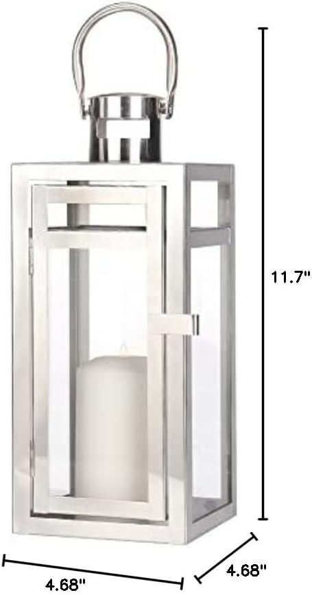 TRIROCKS Stainless Steel Decorative Lantern 12'' High Metal Hanging Lantern with Clear Glass Panels Perfect for Home Decor Living Room Parties Events Tabletop Indoors Outdoors (Silver)