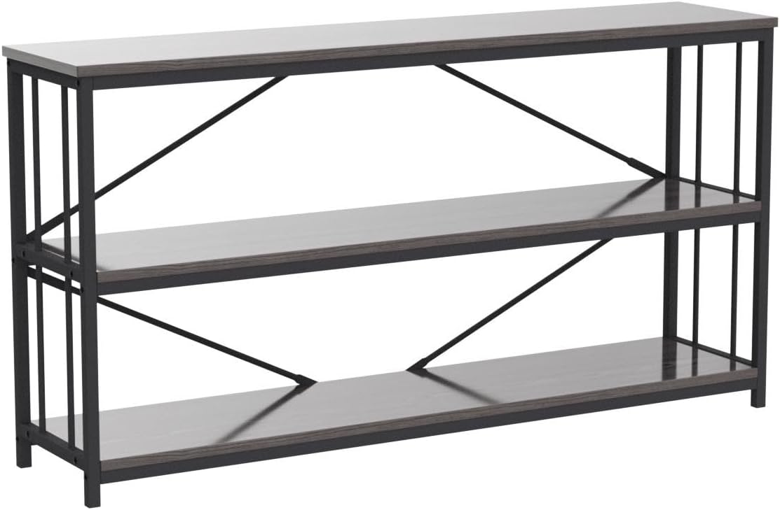 LVB Industrial Console Table, Metal and Wood Sofa Table, Rustic Entryway Table with Storage, Modern 3 Tier Shelf Long Foyer Tables Behind Couch for Home Living Room Hallway, Dark Gray Oak, 55 Inch