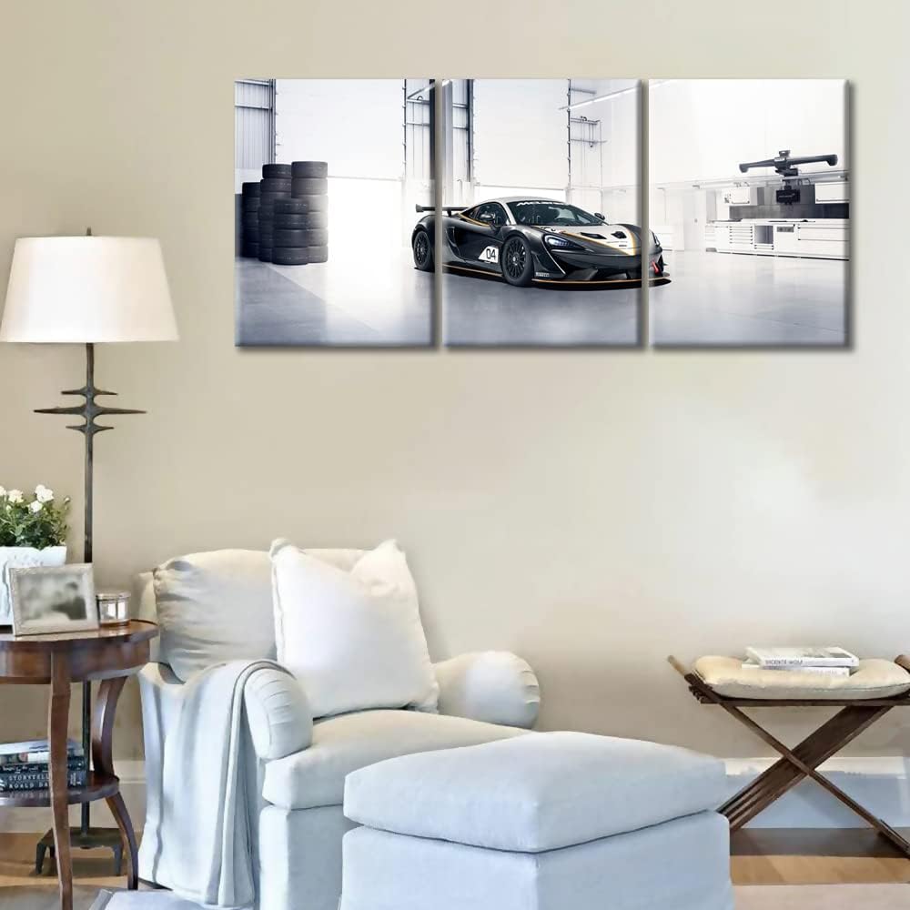 Canvas Prints Black Sports Car Wall Art Modern Home Decor Speed Racing Car Poster Living Room Bedroom Decoration 3 Pieces Black and White Supercar Artwork Painting Framed Ready to Hang, 36"Wx16"H