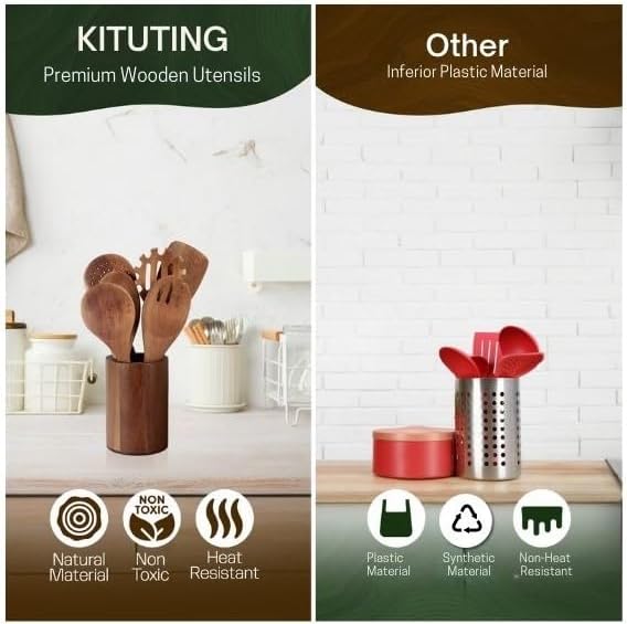 Wooden Spoons for Cooking Set of 10 - Cooking Utensils with Spoon Rest & Holder – Comfortable Grip & Easy to Clean - Wooden Spoon Set for Kitchen with four Hanging Hooks