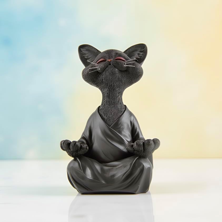 5" Whimsical Happy Cat Buddha Figurine – Zen-Inspired Resin Cat Statue – Meditating Animal Sculpture for Mindful Home or Office Decor – Peaceful Gift for Cat Lovers and Yoga Fans