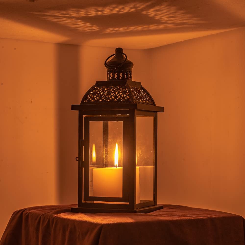 DECORKEY Lanterns Decorative Indoor&Outdoor, 14.4'' Large Black Square Hanging Lanterns, Vintage Metal Candle Holder for Outdoor Patio Front Door Porch Wedding Party Decor