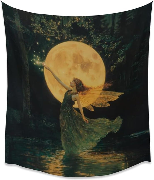 Whimsical Fairy Tapestry Fantasy Moonlight Fae Goddess Print Moody Gothic Aesthetic Wall Hanging Magical Forest Pictures Dark Cottage Witchy Tapestries for Girls Room Bedroom 50x60inch